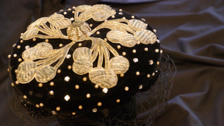Black velvet rhinestone and pearl studded hat from Li Ling-Ai's collection.