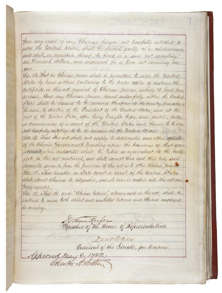 Signature Page of the 1882 Chinese Exclusion Act