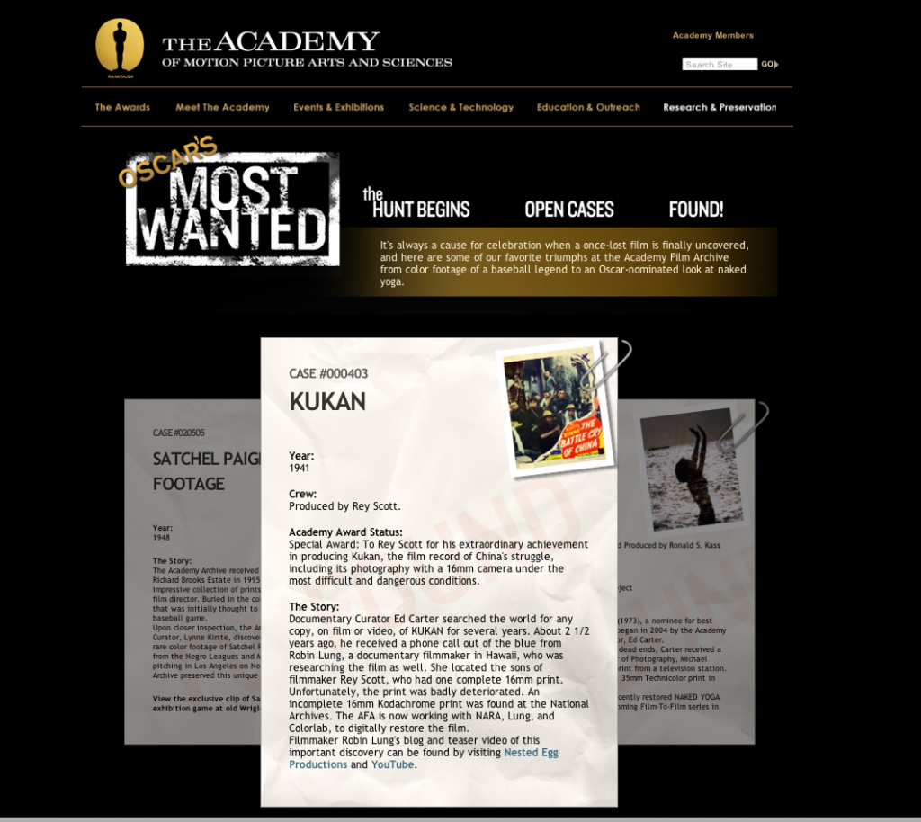 Screen shot of the the FOUND section of Oscar's Most Wanted website