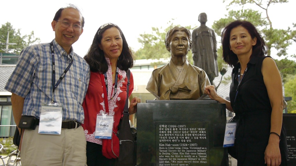 Don Tow, Robin Lung, and Judy Cho at memorial to Kim Hak-Soon, the first woman to publicly testify to being a sexual slave to the Japanese military during World War II